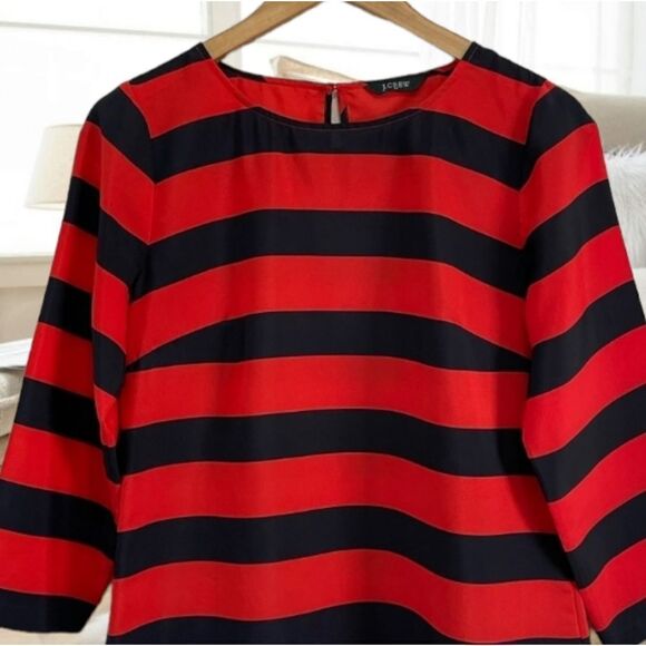 J. CREW SILKY WIDE STRIPE RED NAVY BLUE NAUTICAL BOATNECK BLOUSE 3/4 SLEEVES SMA - Picture 5 of 9